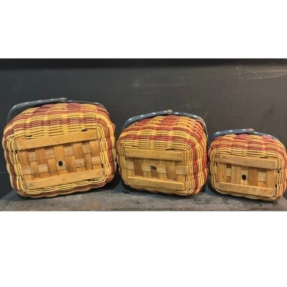 Americana Patriotic Basket Set of 3 Star Handle Woven Wood Nesting Unbranded